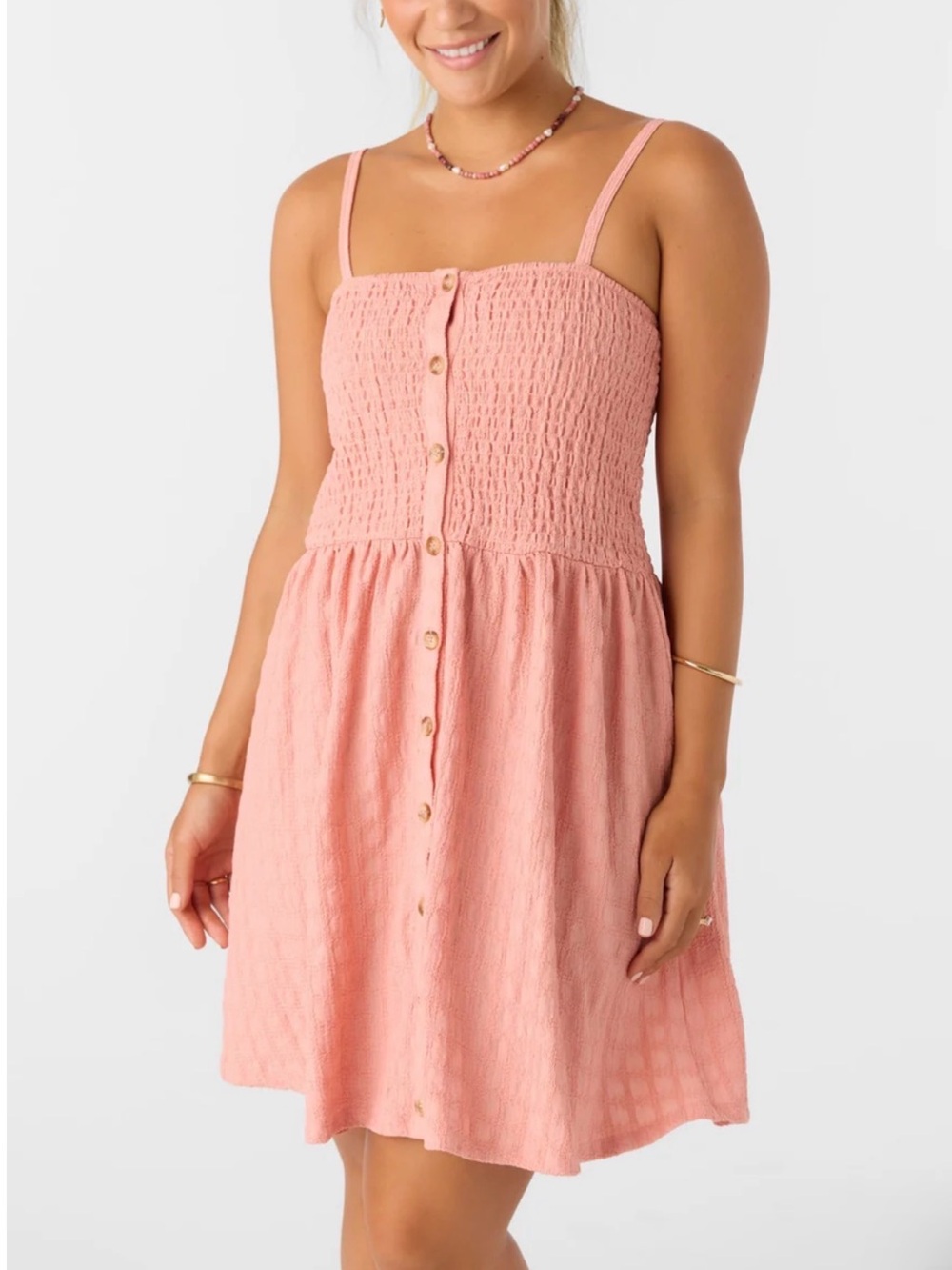 O’NEILL Textured Coral Button-Front smocked Sundress, beach coverup dress